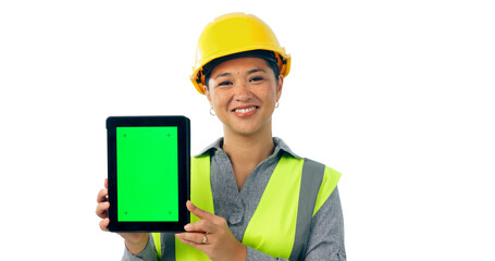 Sticker - Portrait, woman and construction with green screen on tablet with smile and marketing on isolated, transparent png background. Mockup space, information, ideas and building for architecture plan