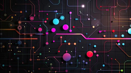 a dark illustration of a technical system with colorful lines connecting different flow states
