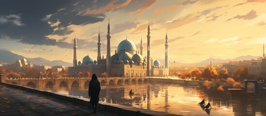 Wall Mural - Muslim man standing in front of mosque