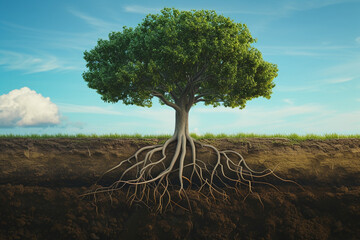 a tree with roots visible underground, blue sky, with some clouds in background (2)