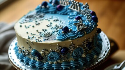 closeup photography Showcase the sweetness of a Hanukkah-themed cake, featuring blue and silver decorations, menorah motifs, and traditional symbols of the Festival of Lights