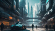  futuristic city with futuristic vehicles and people walking on a street