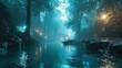 early morning fog infused with soft blue lights casting a tranquil and dreamlike ambiance