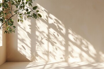 Wall Mural - minimalistic light beige background with window shadow and vegetation.