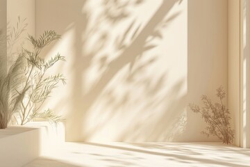 Wall Mural - Minimalistic light beige background with window shadow and vegetation.