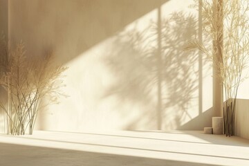 Wall Mural - minimalistic light beige background with window shadow and vegetation.