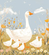 Wonderful illustration for children's book or poster, postcad. Mum goose and little goslings walking along a picturesque field.
