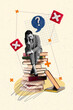 © deagreez - Collage photo sketch banner of upset lady cannot find correct answer her question in pile books isolated on beige color background