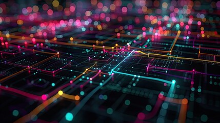Wall Mural - a dark illustration of a technical system with colorful lines connecting different flow states