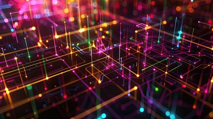 Wall Mural - a dark illustration of a technical system with colorful lines connecting different flow states