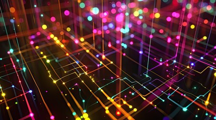 Wall Mural - a dark illustration of a technical system with colorful lines connecting different flow states