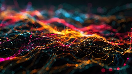 Wall Mural - a dark illustration of a technical system with colorful lines connecting different flow states