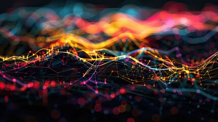 Wall Mural - a dark illustration of a technical system with colorful lines connecting different flow states