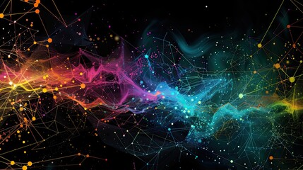 Wall Mural - a dark illustration of a technical system with colorful lines connecting different flow states