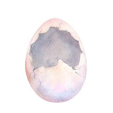 Easter Broken Egg Watercolor Illustration Isolated On White Background. Blue Egg Hand Drawn Neutral Color. Element For Design Easter Decoration.