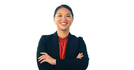 Poster - Asian, business woman and arms crossed in portrait for corporate career isolated on png transparent background. Professional, consultant at Japanese consultancy agency and confidence with pride