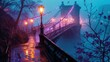 the intrigue of fog-blanketed bridges bathed in soft lavender lights, depicting a dreamy and whimsical cityscape