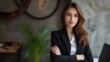 Wall Mural - Young woman, professional entrepreneur standing in office clothing, smiling and looking confident, white office background. Happy woman professional posing in modern coworking office space.