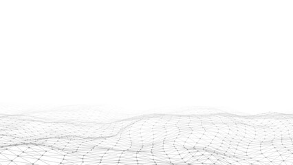 Light cyberspace in digital background. Vector abstract technology white wave with motion dots and line. Connection big data. Futuristic wireframe texture. Analysis a network connection.