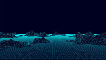 Poster - Abstract mountains on background. 3D topography map of terrain planet Earth. Vector grid landscape with lines and dots. Cyber perspective network of the wave terrain. Concept digital topographic.