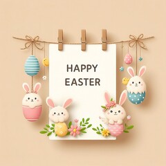 Sticker - Easter greeting card hanging on the string with cute easter accessories Vector Illustration Background, social media poster & Invitation card with space for copy created with generative ai