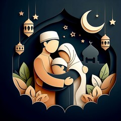 Wall Mural - Eid Mubarak design with Muslims characters. Holiday banner, social media ads poster in Vector Design Illustration Background with space for copy created with generative ai