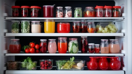 Wall Mural - Red food on the shelves of the fridge