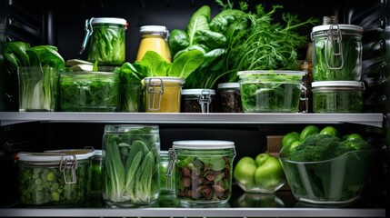 Wall Mural - Green food on the shelves of the fridge