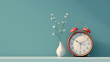 Alarm Clock And Flower Vase On Light Blue Background, Minimalist.