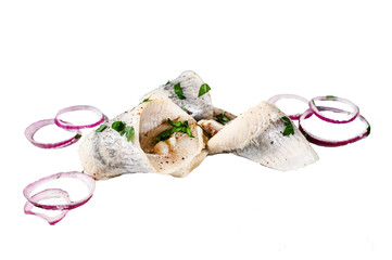 Wall Mural - Pieces of salted herring with onion rings.  Isolated, Transparent background.