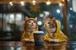 Katzen im gelben Regenmantel sitzen in einem Cafe oder Bistro und warten darauf, dass der Regen aufhört.  