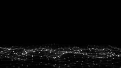 Poster - Dark cyberspace in digital background. Abstract technology black wave with motion dots and lines. Connection big data. Futuristic wireframe texture. Analysis a network connection. 3D rendering.