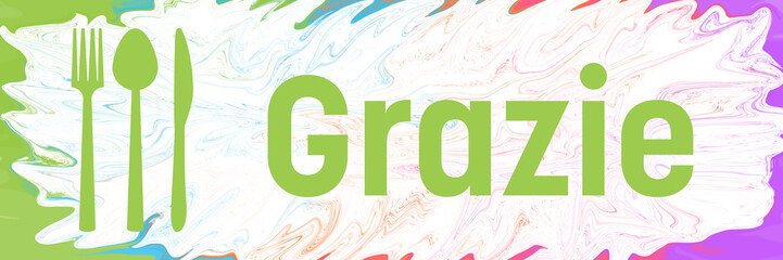 Canvas Print - Grazie Spoon Fork Knife Colorful Liquid Background Text 