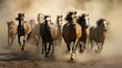 herd of wild horses running across a dusty plain