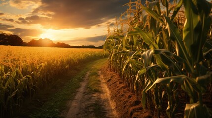 Canvas Print - landscape view of sunset in a corn field