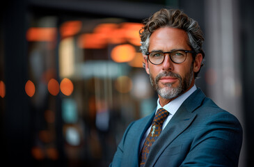 Middle-aged Caucasian man with glasses in a stylish suit stands in an urban setting.