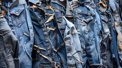 Recycling Old Jeans, Denim Upcycling Ideas, Repurposing Reusing Old Jeans cloth. Close up of recycled customized denim jackets