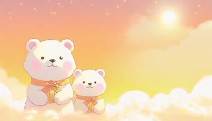 Two cute teddy bear toys sitting on a fluffy cloud in the sky. Background with copyspace, Japanese anime style, warm colours.
