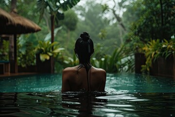 Wall Mural - Mountain Oasis: Woman Relaxing in Resort Pool Surrounded by Tropical Scenery