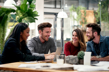 Wall Mural - Business People Gathered Around a Wooden Table. Generative AI.