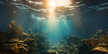Dark Blue Ocean Surface Seen From Underwater. Illustration Of Sun Light Rays Under Water. The Relief Of The Seabed Through The Water Column. 4K Motion