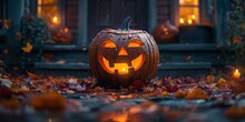 Pumpkin Spice Season A Glowing Jack-o-Lantern In The Rain Generative AI