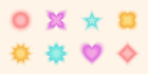 Wall Mural - set of glowing symbols and shapes, retro y2k graphic design elements and stickers. vector illustrati