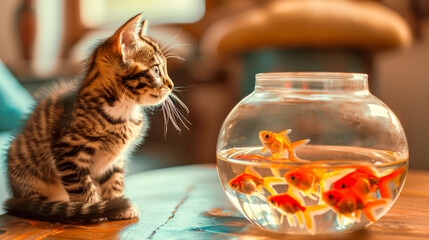 Wall Mural - A beautiful fluffy cat looking at a goldfish in an aquarium on the table.