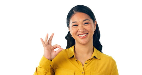 Sticker - Happy portrait, ok sign and asian woman in agreement or support, satisfaction and success for perfect job. Japanese model, face and yes gesture or like and isolated on a transparent png background