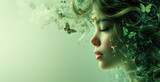 Fototapeta  - Tender dreamy female portrait with butterflies in her hair on a green background. Banner with place for text