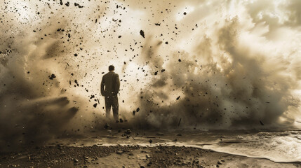 Man standing on the edge of an explosion. Mixed media