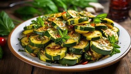 Poster - A plate filled with zucchini and assorted vegetables, ready to be enjoyed. Perfect for healthy eating or cooking inspiration.