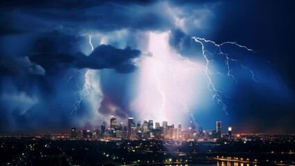 Wall Mural - a powerful lightning storm illuminating the night sky over a bustling city. perfect for illustrating