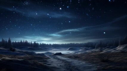 Wall Mural - a picturesque snow-covered field with tall trees and a breathtaking sky full of twinkling stars. per
